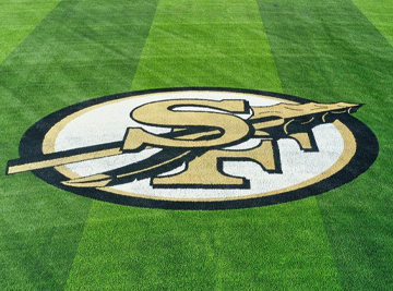 White, Gold, and black logo on green turf